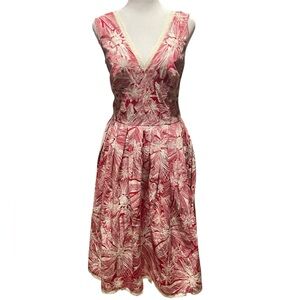 Adrianna Papell Floral Dress V Neck Fit & Flare A Line Red Size 10 Cotton Blend